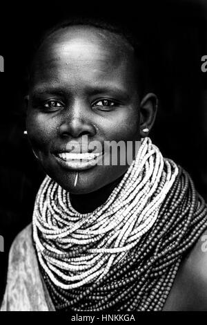 A Portrait Of A Young Woman From The Karo Tribe, Kolcho Village, Omo Valley, Ethiopia Stock Photo