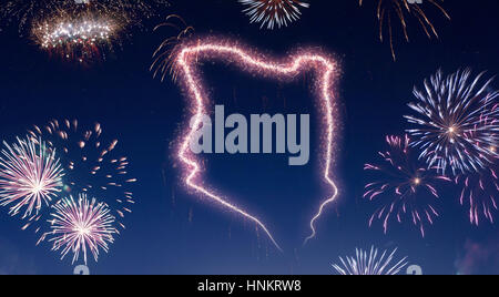 A dark night sky with a sparkling red firecracker in the shape of Kenya composed into.(series) Stock Photo