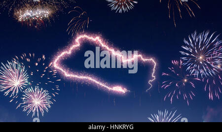 A dark night sky with a sparkling red firecracker in the shape of El Salvador composed into.(series) Stock Photo