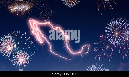 A dark night sky with a sparkling red firecracker in the shape of Mexico composed into.(series) Stock Photo