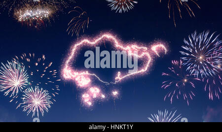 A dark night sky with a sparkling red firecracker in the shape of Singapore composed into.(series) Stock Photo