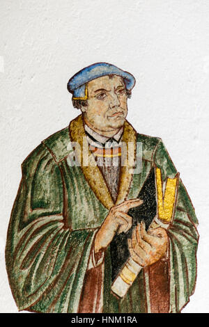 Fresco of the german reformer Martin Luther. A wall-painting at Gustaf church in Copenhagen, Denmark, January 21, 2017 Stock Photo