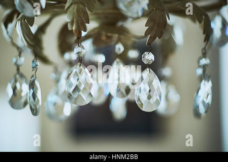 Chandelier detail with crystal pendants close up Stock Photo