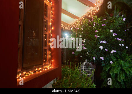 Light on house in christmas time in tropics at night Stock Photo