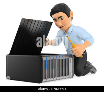 3d working people illustration. Information technology technician repairing a server. Isolated white background. Stock Photo