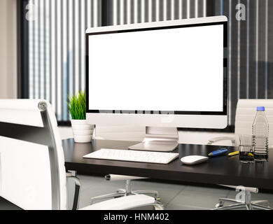 3d illustration modern office with blank computer screen. Mockup Stock Photo