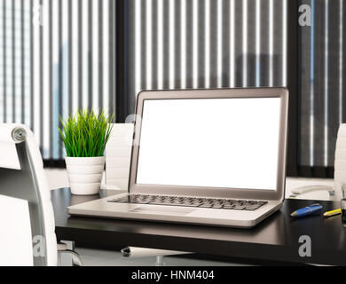 3d illustration modern office with blank laptop screen. Mockup Stock Photo