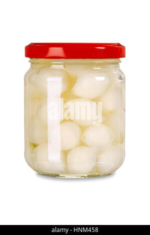 Photo of a jar of pickled onions isolated over white background.  Clipping path included. Stock Photo