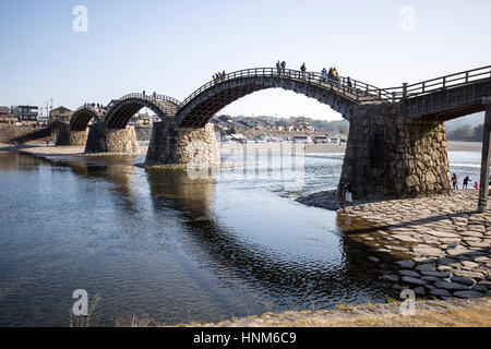 The Kintai Bridge (錦帯橋 Kintai-kyō?) is a historical wooden arch bridge, in the city of Iwakuni, in Yamaguchi Prefecture, Japan. Stock Photo