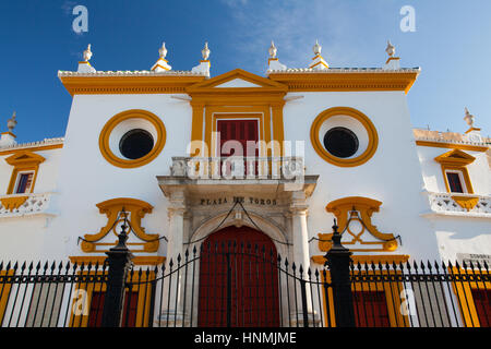 Seville, Spain - November 19,2016: Bullfight arena, plaza de toros at Sevilla.Seville Real Maestranza bullring plaza toros de Sevilla in andalusia Spa Stock Photo