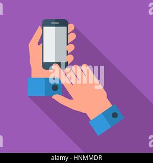 Hands holding Mobile phone. Flat icon whit long shadow. Vector illustration Stock Vector