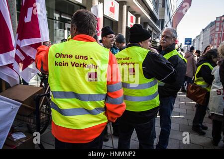 Munich, Germany. 14th Feb, 2017. The Ver.di and police unions called for a warning strike today in Munich in a series of strikes in Germany. Included in the strike are workers of the TU and LMU universities, Deutsches Museum, courts, hospitals, Bayerische Staatsoper, Bayerisches Schauspiel, and others including highway workers. The demonstration start was at the Gewerkschaftshaus on Schwanthalerstrasse and ended at the famed Geschwister-Scholl-Platz at the LMU university. Credit: ZUMA Press, Inc./Alamy Live News Stock Photo