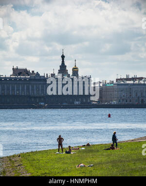 ST. PETERSBURG, RUSSIA - JULY 11, 2016: Wild beach near Peter and Paul fortress in St. Petersburg, Russia Stock Photo