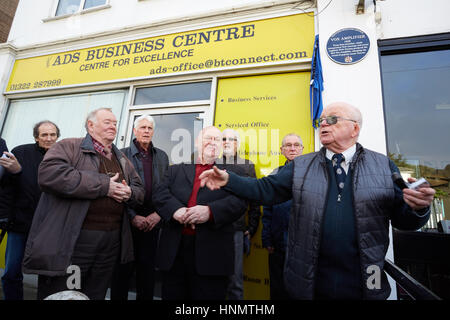 Dartford, UK. 14th Feb, 2017. Ex - employees at the blue plaque ceremony commemorating Vox at the original Vox building at 119 Dartford Road, Kent. The building is the original site of Jennings Musical Industries limited which produced Vox amplifiers and other Vox musical equipment. Credit: Steve Hickey/Alamy Live News Stock Photo