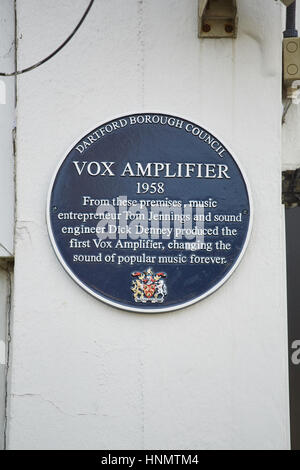 Dartford, UK. 14th Feb, 2017. The blue plaque commemorating Vox at the original Vox building at 119 Dartford Road, Kent. The building is the original site of Jennings Musical Industries limited which produced Vox amplifiers and other Vox musical equipment. Credit: Steve Hickey/Alamy Live News Stock Photo
