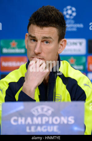 Munich, Germany. 14th Feb, 2017. Arsenal's Laurent Koscielny during a press conference before the Champions League match against FC Bayern Munich at the Allianz Arena in Munich, Germany, 14 February 2017. Photo: Andreas Gebert/dpa/Alamy Live News Stock Photo