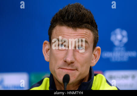 Munich, Germany. 14th Feb, 2017. Arsenal's Laurent Koscielny during a press conference before the Champions League match against FC Bayern Munich at the Allianz Arena in Munich, Germany, 14 February 2017. Photo: Andreas Gebert/dpa/Alamy Live News Stock Photo