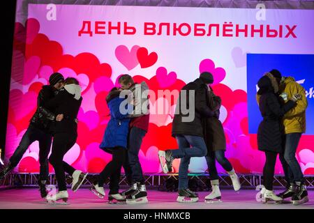 Moscow, Russia. 14th Feb, 2017. People launch balloons as they
