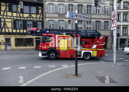 A fire engine drives through Strasbourg in France, taken on 20.08.2016. Photo: S. Steinach - NO WIRE SERVICE - | usage worldwide Stock Photo