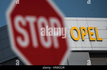 Ruesselsheim, Germany. 15th Feb, 2017. A stop sign can be seen before the word Opel and the logo of the car manufacturer in Ruesselsheim, Germany, 15 February 2017. The head of parent company General Motors has travelled to Ruesselsheim for sales discussions around Opel. Photo: Andreas Arnold/dpa/Alamy Live News Stock Photo