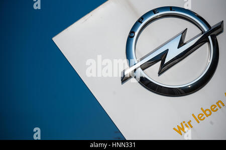 Ruesselsheim, Germany. 15th Feb, 2017. A section of the lettering 'we love cars' can be read under the logo of the car manufacturer Opel in Ruesselsheim, Germany, 15 February 2017. The head of parent company General Motors has travelled to Ruesselsheim for sales discussions around Opel. Photo: Andreas Arnold/dpa/Alamy Live News Stock Photo