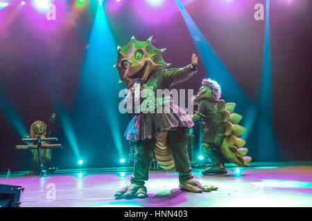 London, UK. 15th February 2017. Finnish children's rock band Hevisaurus perform live on stage in the Festival Hall at the Southbank Centre in London as part of the Imagine Festival. Photo credit should read: Credit: Roger Garfield/Alamy Live News Stock Photo