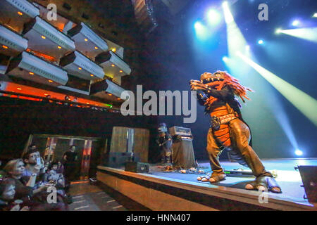 London, UK. 15th February 2017. Finnish children's rock band Hevisaurus perform live on stage in the Festival Hall at the Southbank Centre in London as part of the Imagine Festival. Photo credit should read: Credit: Roger Garfield/Alamy Live News Stock Photo