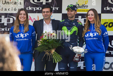 Granada, Spain, 2017 15th of February. Alejandro Valverde celebrates on the podium, after he won the first stage of the Tour of Andalucia in Granada, Spain. Credit: Gergő Lázár/Alamy Live News Stock Photo