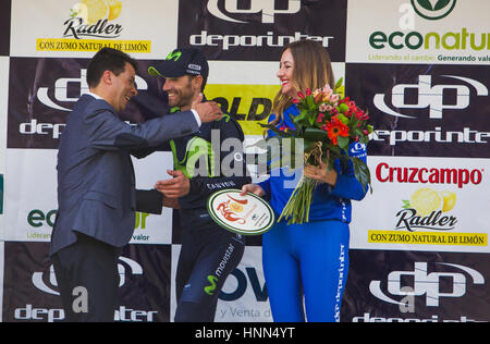 Granada, Spain, 2017 15th of February. Alejandro Valverde celebrates on the podium of Tour of Andalucia, after he won the first stage in Granada, Spain. Credit: Gergő Lázár/Alamy Live News Stock Photo