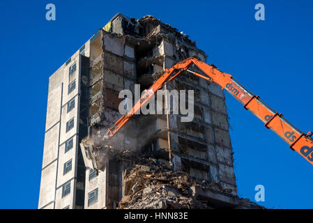 Demolition in progress of Grosvenor Hotel Sheffield with High Reach Excavator