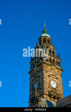 Sheffield Town Hall Clock Tower close-up against blue sky Stock Photo