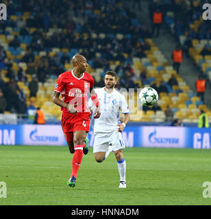 KYIV, UKRAINE - OCTOBER 19, 2016: Luisao of Benfica (L) fights for a ball with Junior Moraes of Dynamo Kyiv during their UEFA Champions League game at Stock Photo