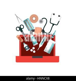 first aid box with medicine equipment over white background. colorful design. vector illustration Stock Vector