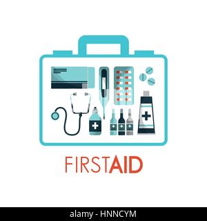 first aid box with medicine equipment over white background. colorful design. vector illustration Stock Vector