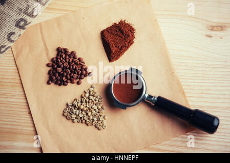 green, roasted, ground and instant coffee. Stock Photo
