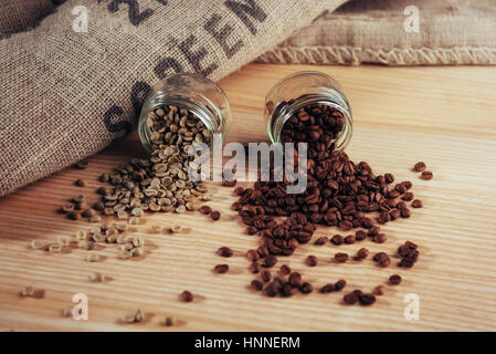 Cheese and green beans in coffee bag made from burlap Stock Photo