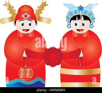 Chinese Wedding Couple in Traditional Royal Costumes with Double Happiness Text Illustration Stock Vector
