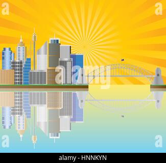 Sydney Australia Skyline Landmarks Harbour Bridge  with Sun Rays Background Illustration Stock Vector