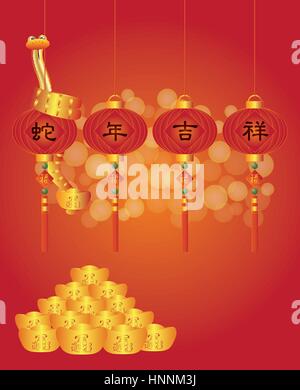 Chinese New Year with Prosperity in the Year of the Snake Words on Lanterns and Gold Bars Illustration Stock Vector