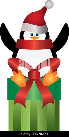 Christmas Penguin with Santa Hat and Scarf Sitting on Presents Vector Illustration Stock Vector
