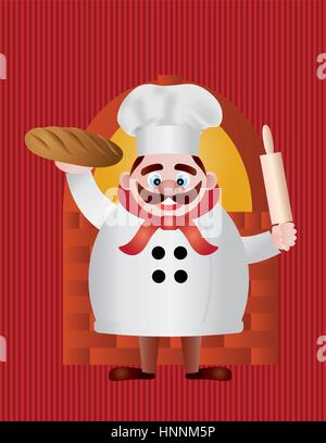 Baker Chef with Bread and Rolling Pin by Brick Oven on Red Stripes Background Illustration Stock Vector