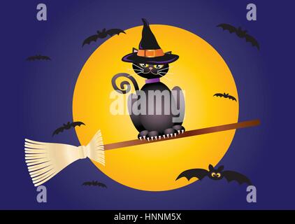 Halloween Black Cat Wearing Witches Hat Flying on Broomstick Illustration