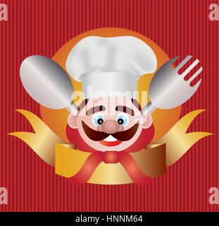 Chef with Banner Fork Spoon on Red Stripes Background Illustration Stock Vector