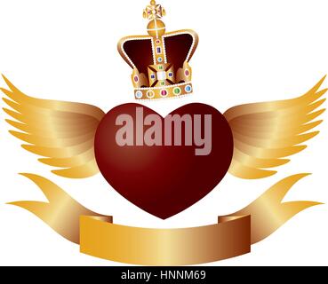 Flying Red Heart with Crown Jewels Wings and Banner Illustration Stock Vector