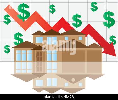 Home Value Falling Chart with House Arrow Dollar Signs Graph Illustration Stock Vector