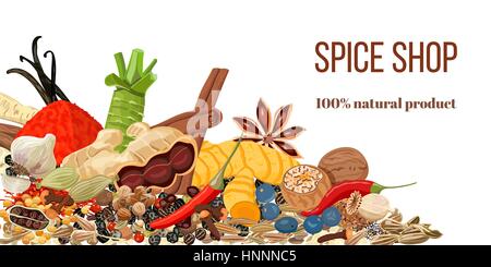 Set of Realistic popular culinary spices. Spice shop logo. Store sign. Ginger, chili pepper, garlic, nutmeg, anise etc. For store, natural health care Stock Vector