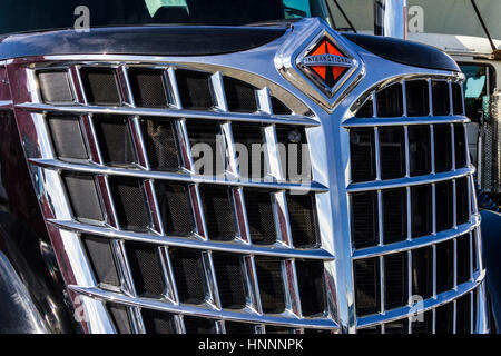 Indianapolis - Circa February 2017: Front End and Grille of a Navistar International Semi Tractor Trailer Trucks I Stock Photo