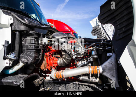 Indianapolis - Circa February 2017: Engine Compartment of a Semi Tractor Trailer Truck I Stock Photo