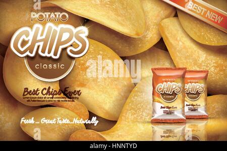 classic flavor potato chips ad with piling chips and bags, 3d illustration Stock Vector