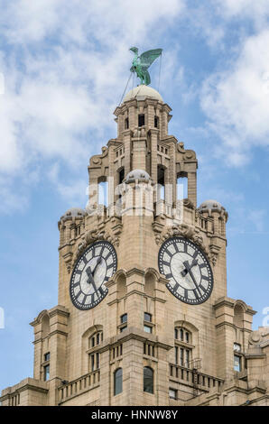 The Royal Liver Building is a Grade I listed building located in Liverpool, England. Stock Photo